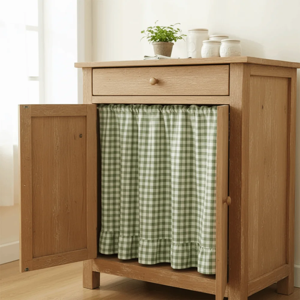 Ruffled Edge Farmhouse Plaid Kitchen Oven Skirt No Drilling with Tie Ribbon Kitchen Stove Cover Cotton Kitchen Cabinet Curtain