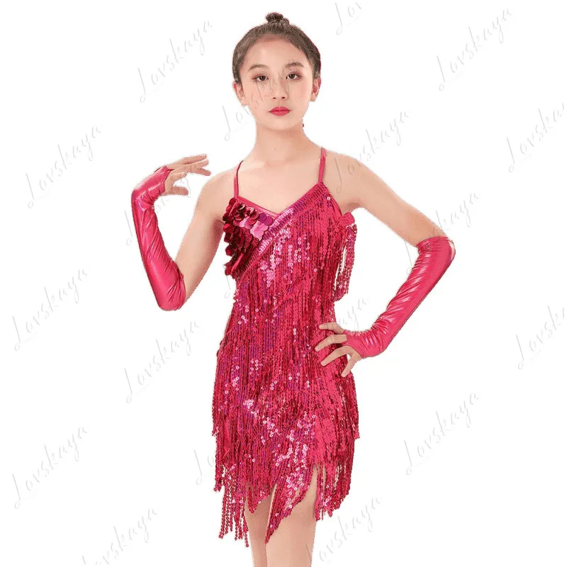 ชุดเต้นรำลาตินสำหรับเด็ก กระโปรงสายเดี่ยวประดับเลื่อมและพู่ห้อย ชุดแสดงสำหรับเด็กผู้หญิง