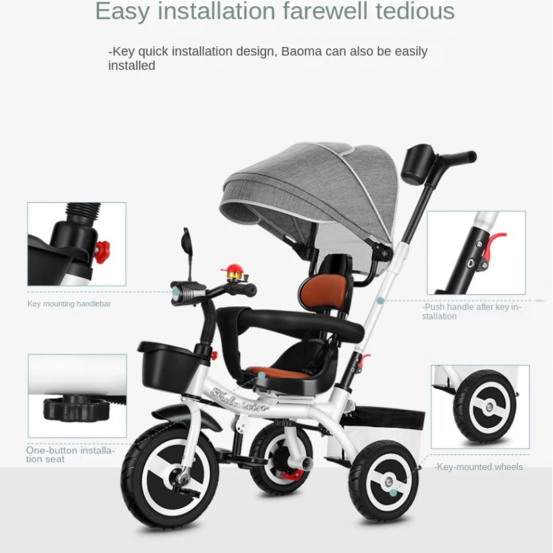 New Tricycle Baby Strollers 1-4 Years Old Children can Sit and Ride Tricycle Lightweight Two-way Multi-mode Child Stroller
