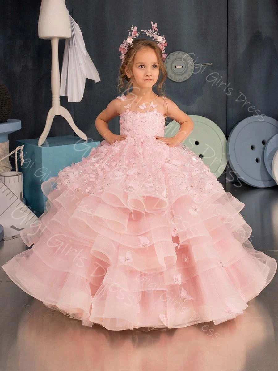 Roze bloemenmeisje jurk voor peuters 3D vlindervleugel gegolfde tule prinses optocht jurk aangepaste bruiloft baljurk