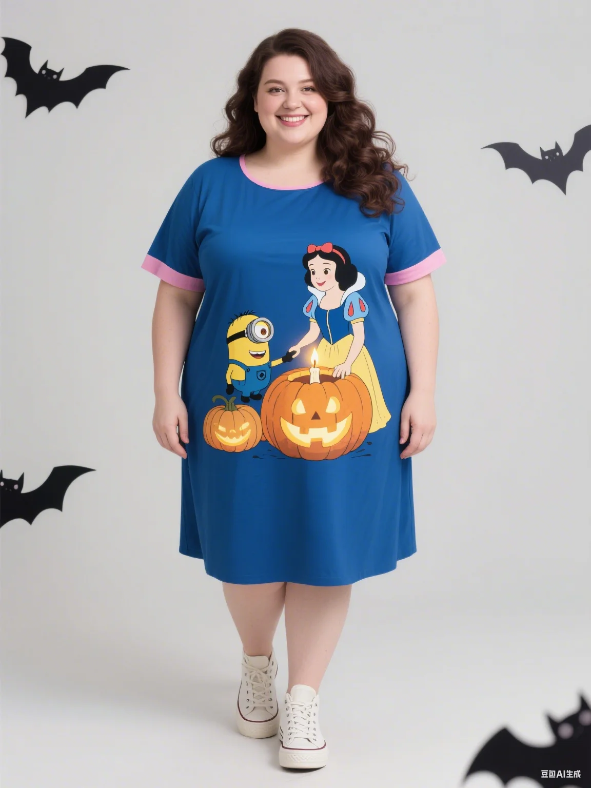 Sukienka damska plus size na jesień 2025 z nadrukiem Minionków i Królewny Śnieżki, bez rękawów, z okrągłym dekoltem, do modnego stylizacji.