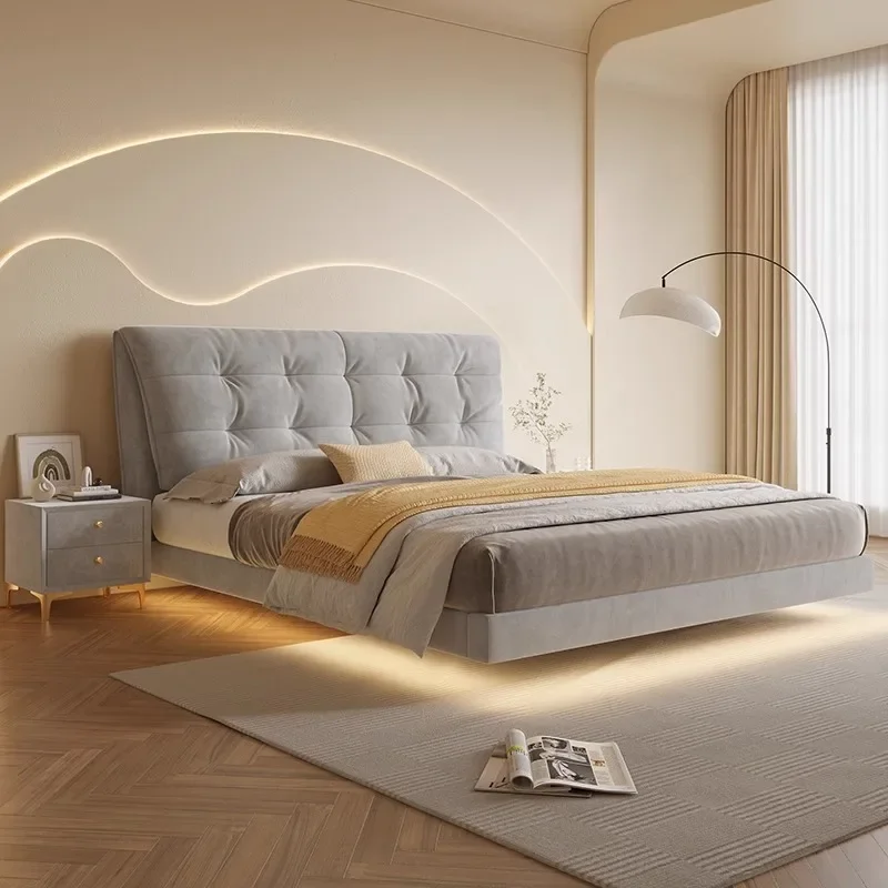 سرير معلق للرياح الكريمية، سرير صوف بتقنية الضوء بمستشعر لغرفة النوم الرئيسية الحديثة والبسيطة