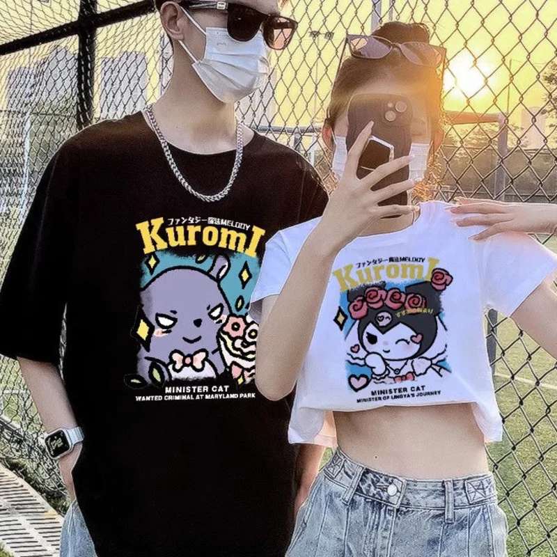 2 Pcs Sanrio Kuromi Couple Outfit T-shirt Y2k Trendy Celebrity Lovers Series Cotton Short Tops & Regular Tees for Women and Men