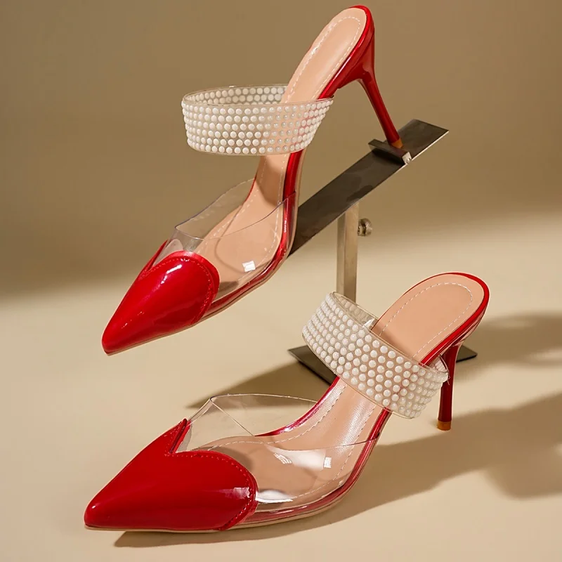 Summer New Fashion Women's High Heels  Transparent Love Baotou Slippers Temperament Patent Leather Pointed Toe Fashion Sandal
