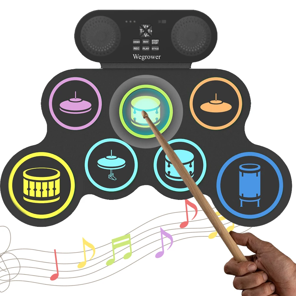 Electronic Drum Set with Drum Sticks and Pedals Roll-Up Drum Practice Pad 7-Pad BT Xmas Birthday Surprise for Kids and Adults