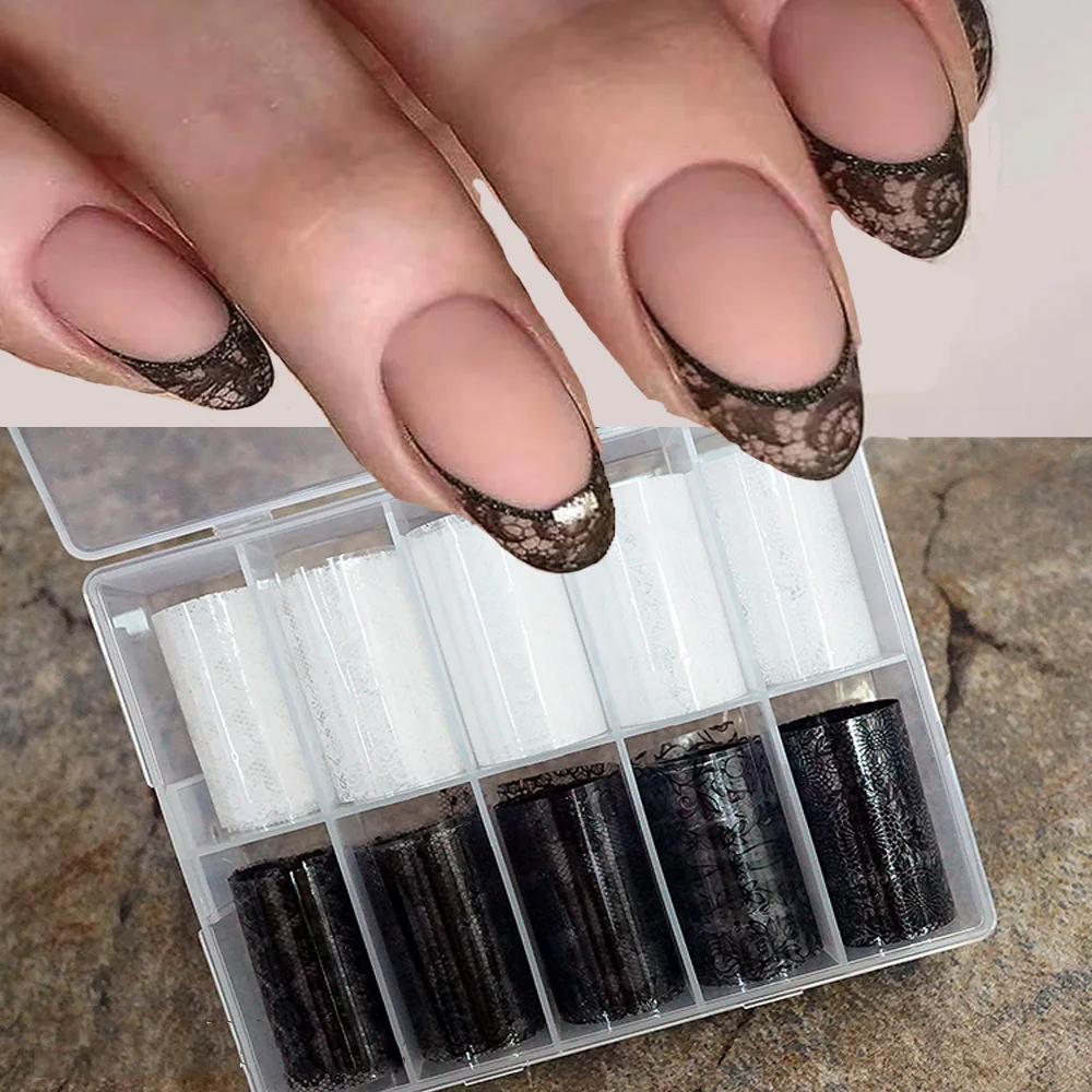 

10 рулонов/коробка, черно-белая кружевная наклейка для переноса ногтей, 2,5*50 см, бумажная переводная фольга для дизайна ногтей «сделай сам», маникюр, украшение для ногтей