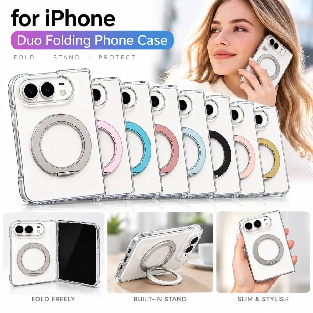 Transparent Folding Phone Case Two-in-One 360 Degree Rotation Magnetic Phone Case Scratch Resistant Full Coverage for iPhone Duo