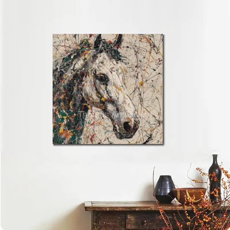 Large Splatter Horse Portrait Canvas Wall Art Abstract Equestrian HD Printed Colorful Contemporary Wall Decor for Office Studio