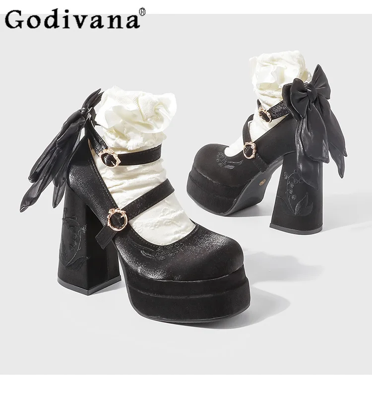 

Japanese Original Lolita Bow High Heels Round Head Thick Heel Embroidered National Style Jk Uniform Mary Jane Single Shoes