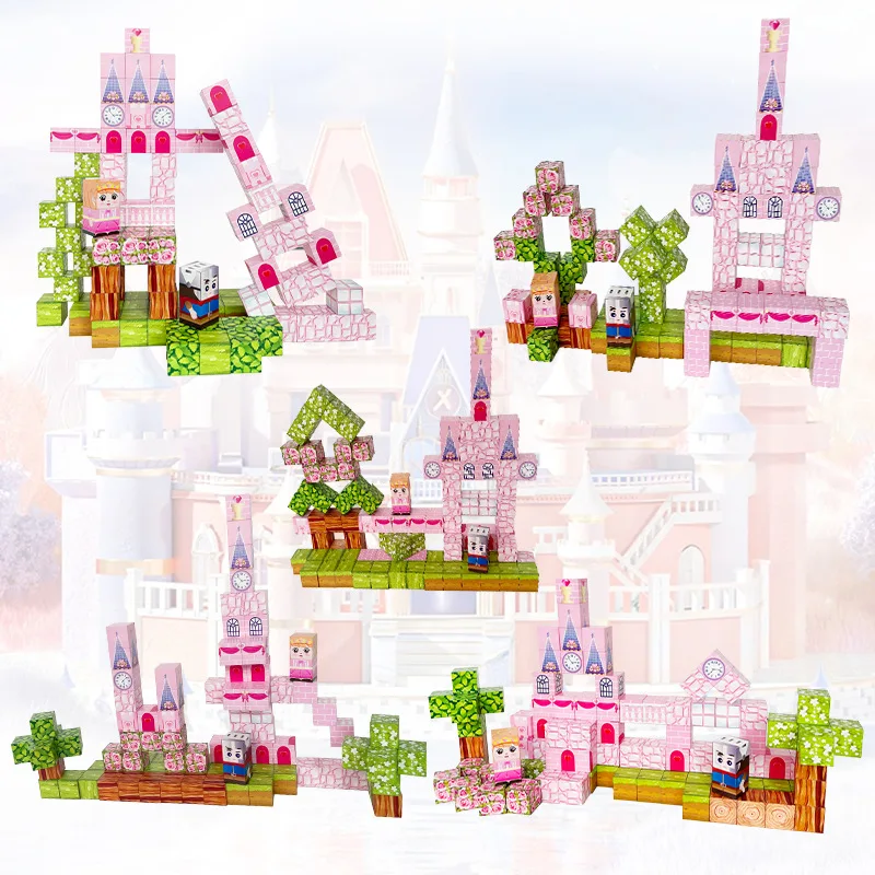 Pink castle magnetic building block set, suitable for boys and girls over 3 years old DIY to improve hand skills and creativity