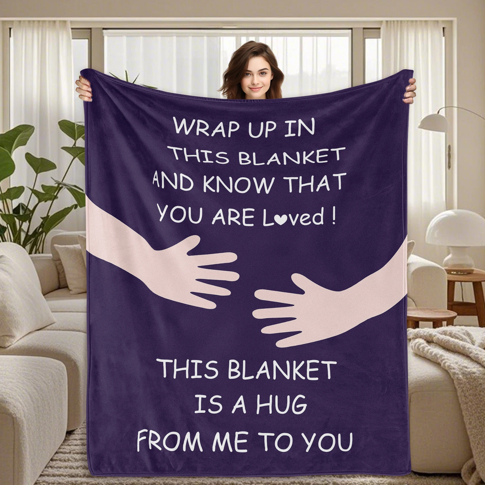 

Flannel blanket with embrace theme featuring encouraging words and hand embrace patterns offering warmth and strength