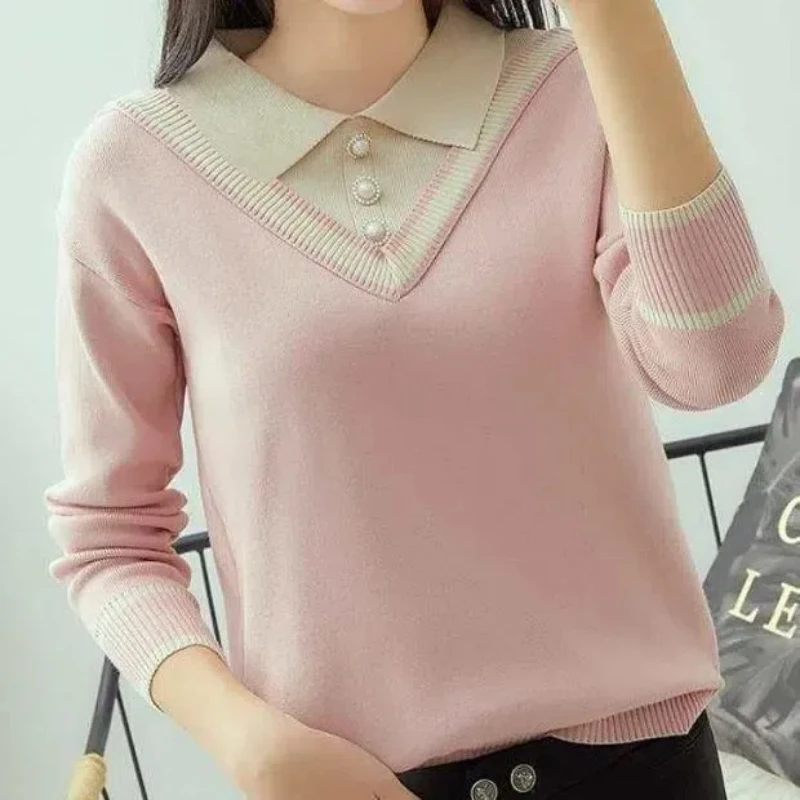 Doll Collar Pullover Sweater Women 2024 Autumn Winter New Spliced Button Fashion Slim Loose Minimalist Long Sleeved Knitted Top