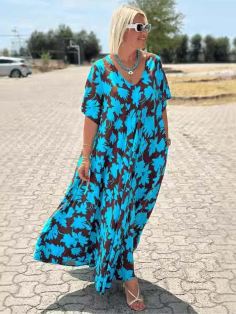 Fashion V-neck Short-sleeved Loose Dress For Women Spring And Summer Elegant Flower Printing Casual Loose Holiday Dresses Female