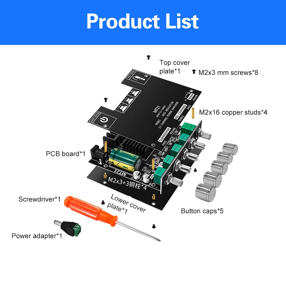 ZK-MT21 2.1 채널 BT 5.0 서브우퍼 앰프 보드 DC12~24V 50W X 2+100W 파워 오디오 스테레오 앰프 보드 베이스 AMP AUX