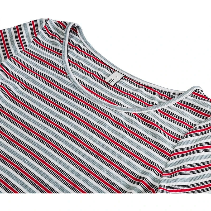 Stretchy Striped Women\'s T-Shirt Casual O-Neck Short Sleeve Tee Summer Lady Top Cheap Woman Clothing