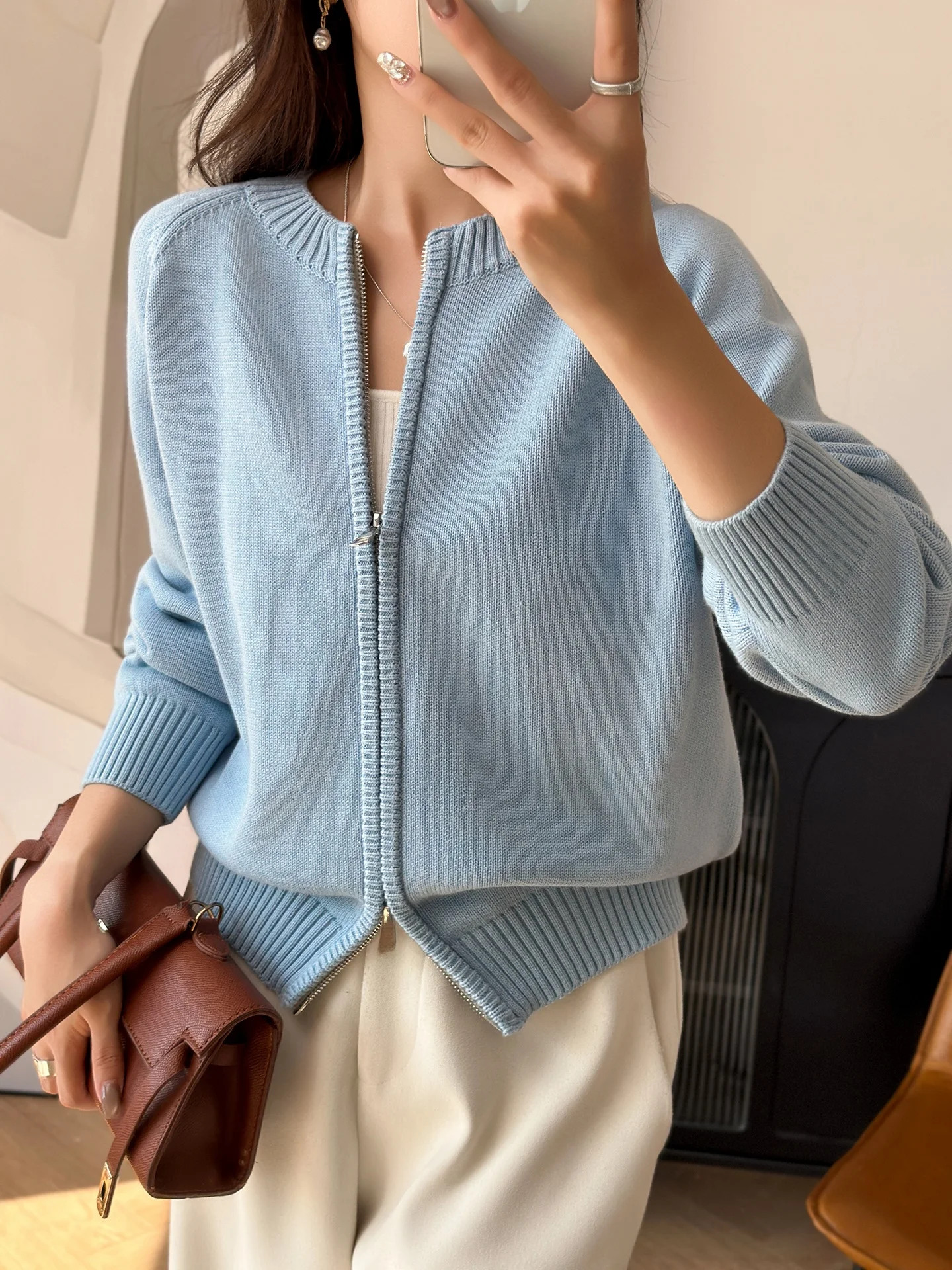 Double Zipper Pure Cotton Knitted Loose Fit round Neck Open Cardigan Women's Autumn Winter Fashion Versatile Sweater Jacket Top