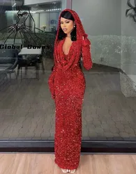 Sparkly Red Sequined Evening Gown 2026 Sweetheart Birthday Party Dress Mermaid Long Prom Dresses Full Sleeve Vestido Customized