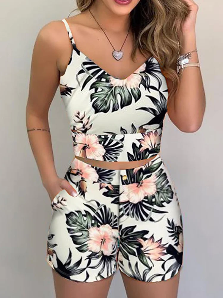 Fashion Women Shorts Suits 2Pieces Sets Summer Office Lady Floral Strap Tank Crop Top+High Waist Button Shorts Female Outfits