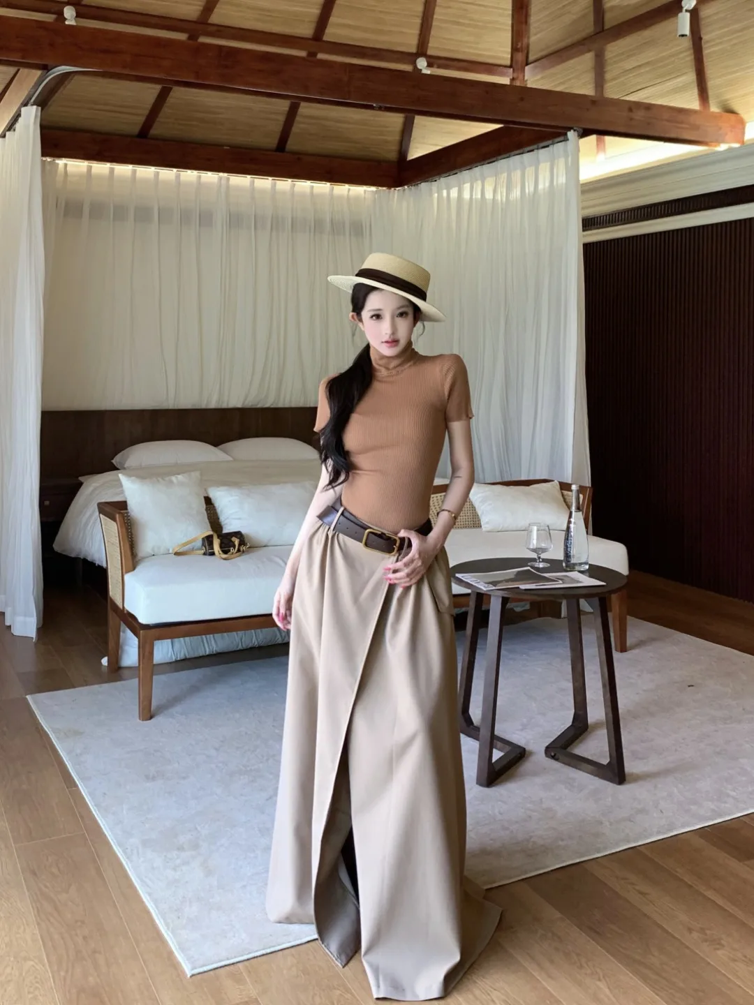 

Khaki High Collar Knitted Short Sleeve T-Shirt Women Summer Vintage Holiday Set Split Semi Long Skirt Belt Three Piece Set