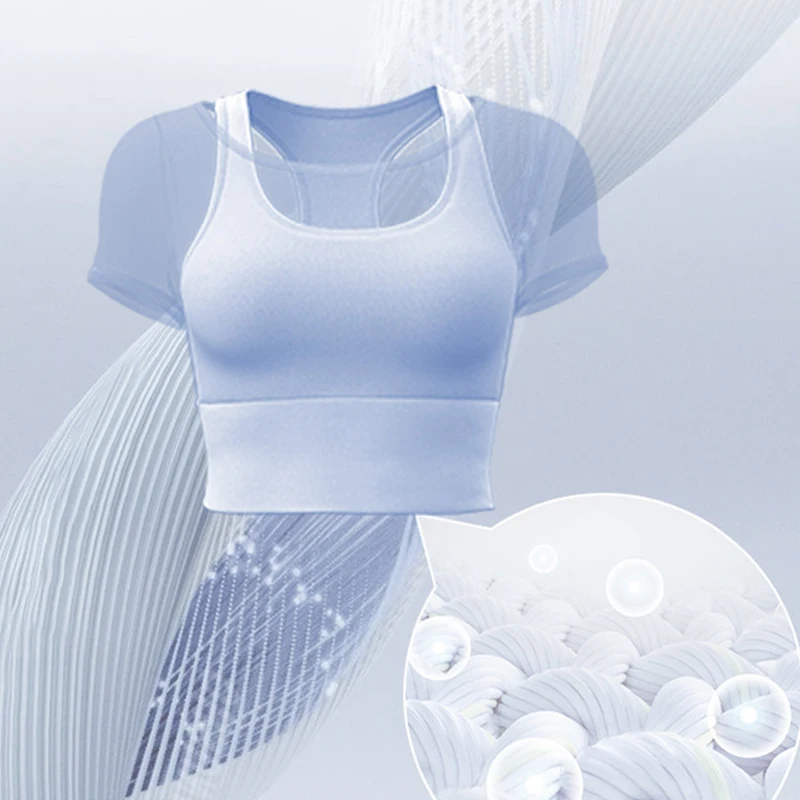 Aiithuug Yoga Bra Build-in Cup Crop Tops Gym Crops Mesh Fake Two Pieces Wide Band Sports Tops Golf Tennis Crops Short Sleeve