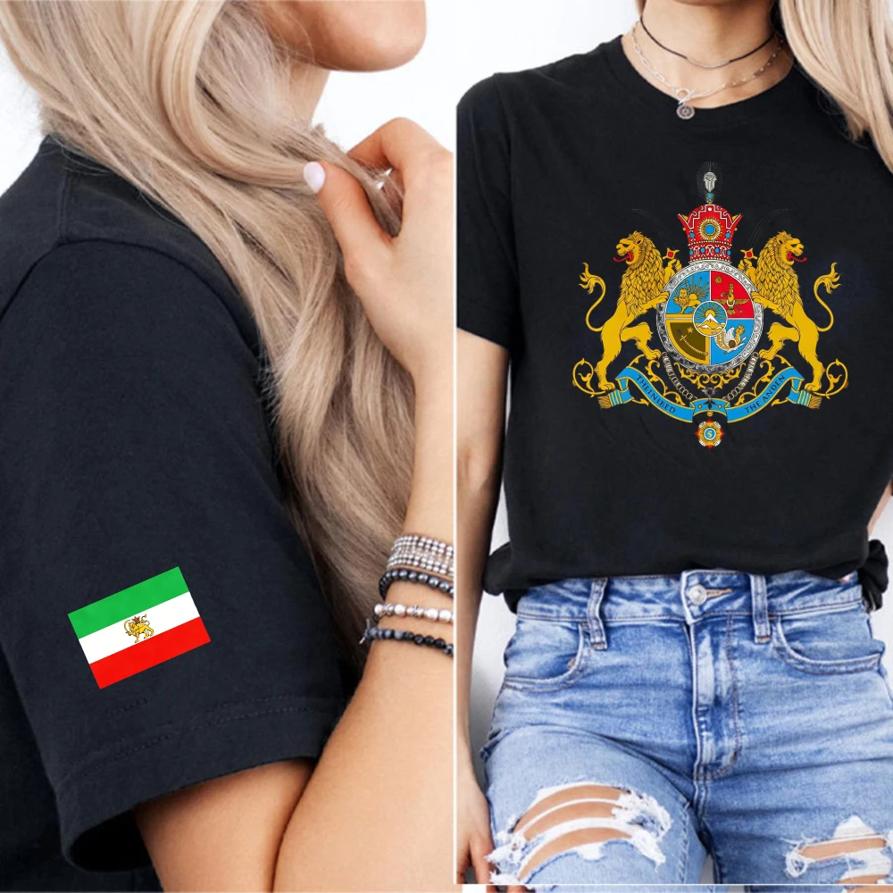 Iranian Royal Coat of Arms T-Shirt Lion and Sun Flag Sleeve Graphic Tee Stand with Iran Persian Heritage Gift Women Men Shirts