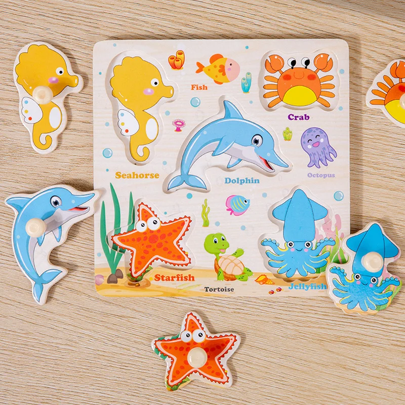 나무 퍼즐 몬테소리 아기 장난감 만화 동물 과일 교통 손 잡아 보드 인식 지그 소 퍼즐 어린이 교육 게임