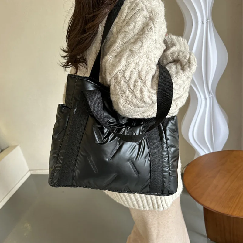 Winter Down Cotton Casual Tote Bags For Women, Solid Color Fashion Shoulder Bag Ladies Handbags For Commuting & Gift