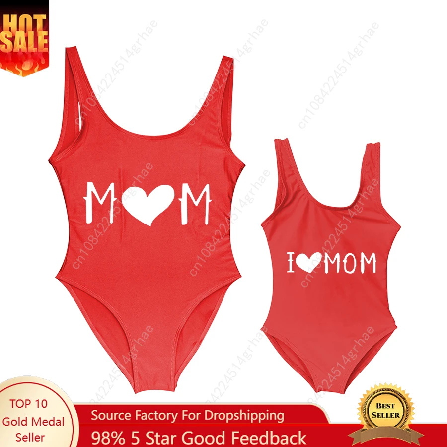 

New Baby Swimwear Girls' One Piece Swimsuit I LOVE MOM Heart Letter Printing Bathing Suit Cute Mom Baby Bathing Suits Bather