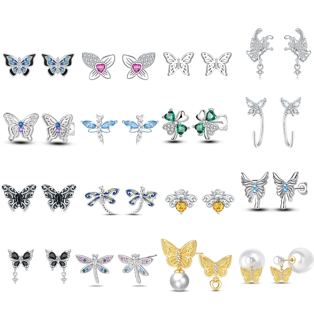 Colorful 925 Sterling Silver Gradient Color and Black Butterfly Earrings For Women's Trendy Creative Jewelry Accessories