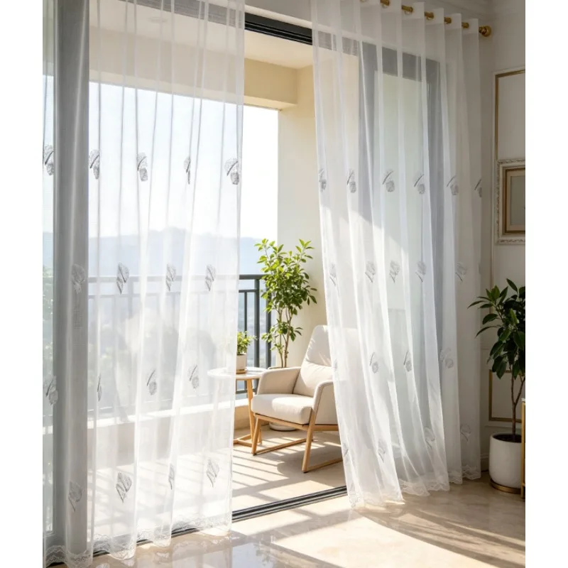 New White Gauze Modern Minimalist Embroidered Leaf Embroidered Gauze Curtain, Living Room Bedroom Balcony Curtain