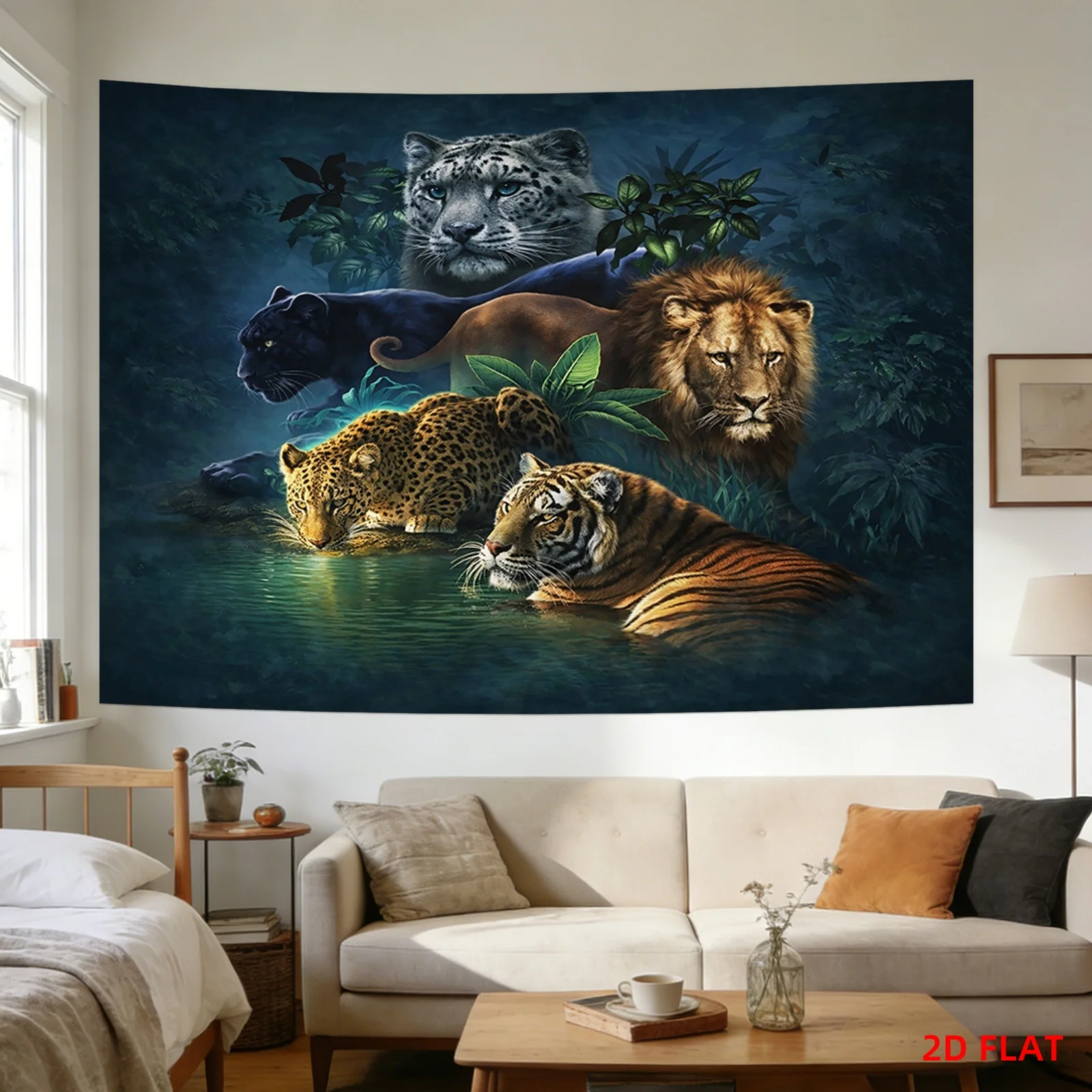 Jungle Big Cats Tapestry, Lion Tiger Leopard Panther Snow Leopard Wall Hanging, Wild Animal Room Decor 180x350cm