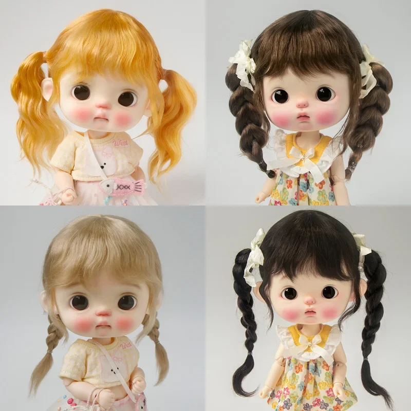 Blyth doll wig soft wavy long hair bangs double heart braids high ponytail for big head doll Qbaby DianDian doll accessories