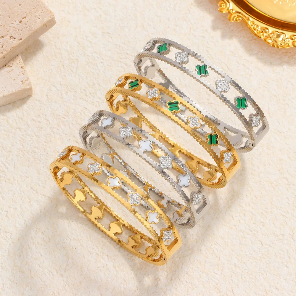 Crystal Four Leaf Clover Stainless Steel Bangles Hollow Design Bracelet Women\'s Jewelry Accessories Wedding Gift Mujer Pulseras