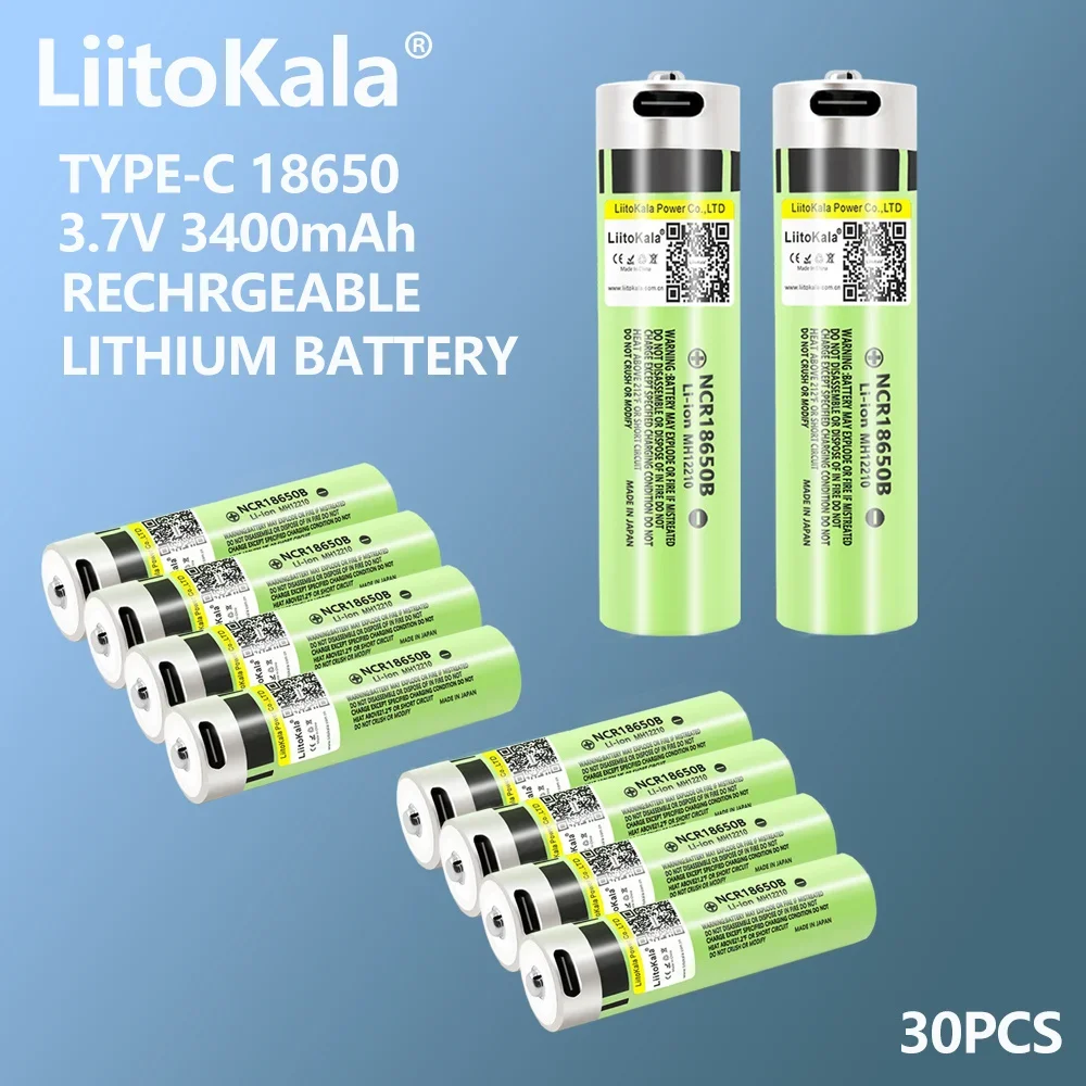 30PCS LiitoKala USB-34B 18650 3400mAh 3.7V Li-ion Rechargebale battery With LED Indicator Light DC-Charging for Flashlight