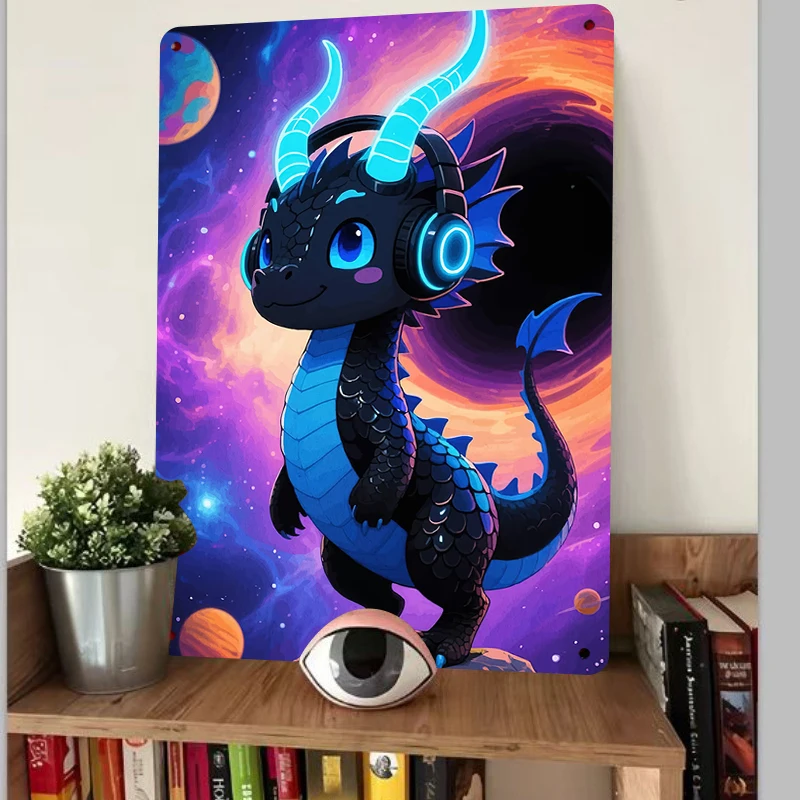 Galaxy Cute Dragon Headphone LED Metal Wall Art Kids Room Decor Cartoon Hanging Painting
