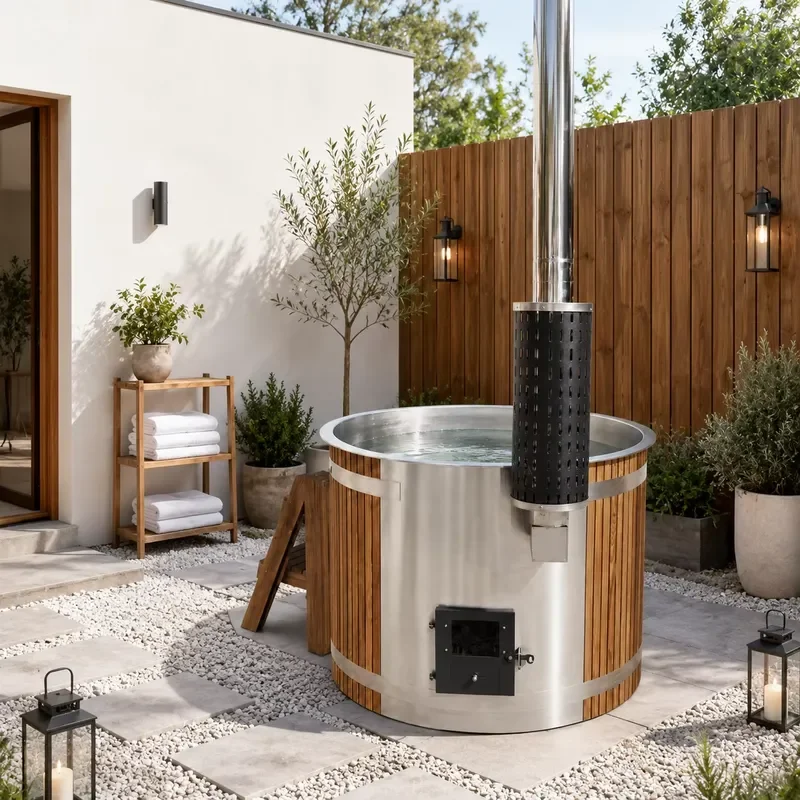 2-4 Person Wood-Fired Red Cedar Stainless Steel Outdoor Hot Tub Sauna Combo Kit + 6KW Heater Modern Design Villa Gym