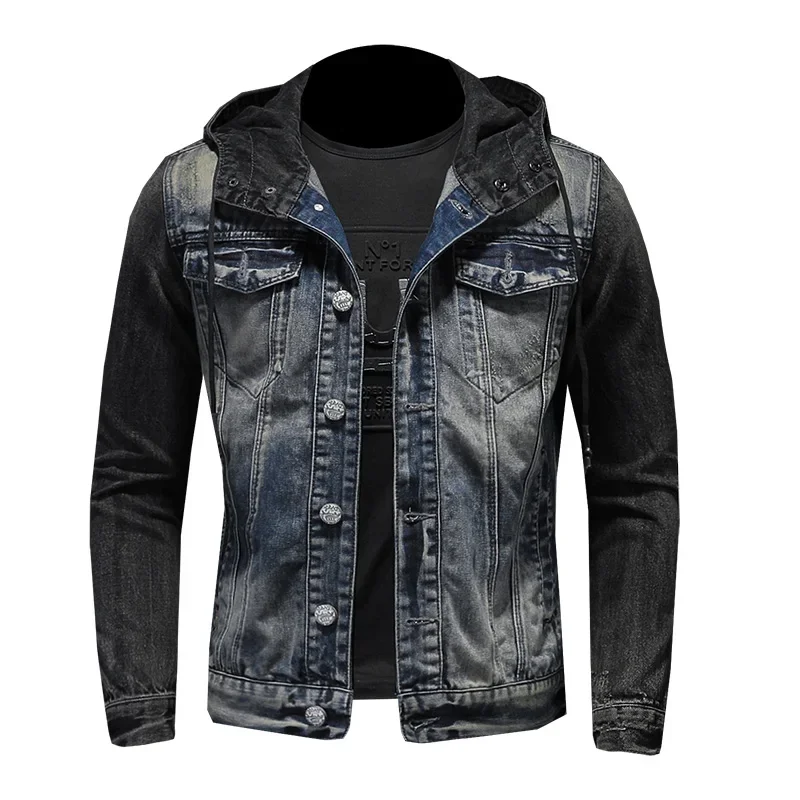 

Men Retro Denim Jacket Spring New Men's Hoodeed Jean Jacket Casual Pockets Zipper Coats Male Trendy Outerwear