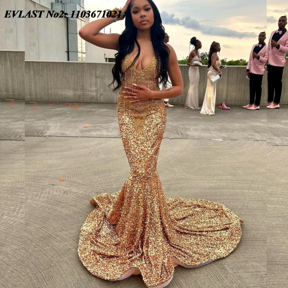 

EVLAST индивидуальное блестящее платье Aso Ebi золотое платье русалки для выпускного вечера со стразами и блестками вечернее вечернее платье с бисером вечернее платье E2P336