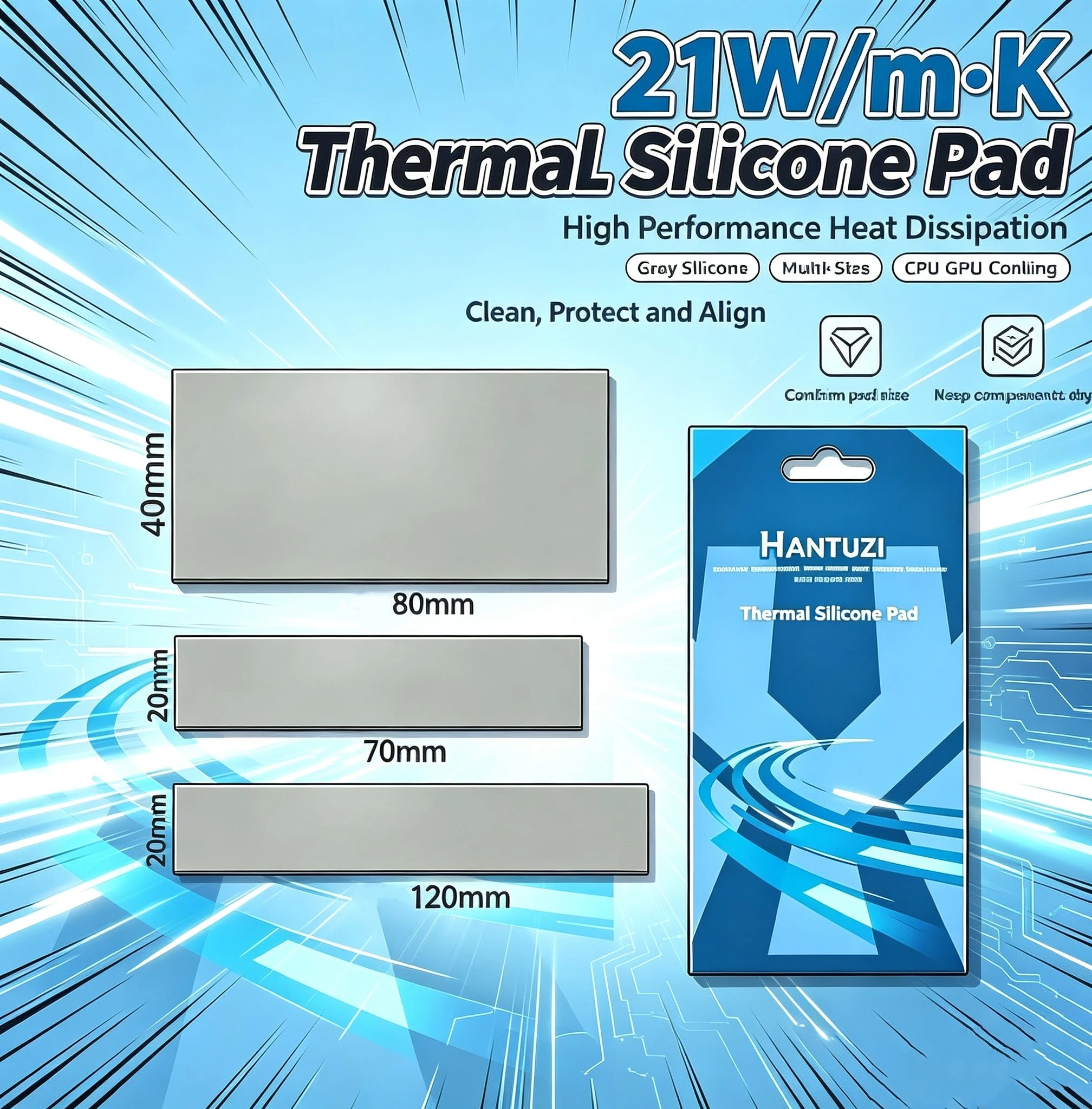 100x100mm Soft Heat Conduction Silicone Pad 21W/mK Thermal Pads ps4 Gap Filler for GPU Graphics Card CPU Laptop Heatsink
