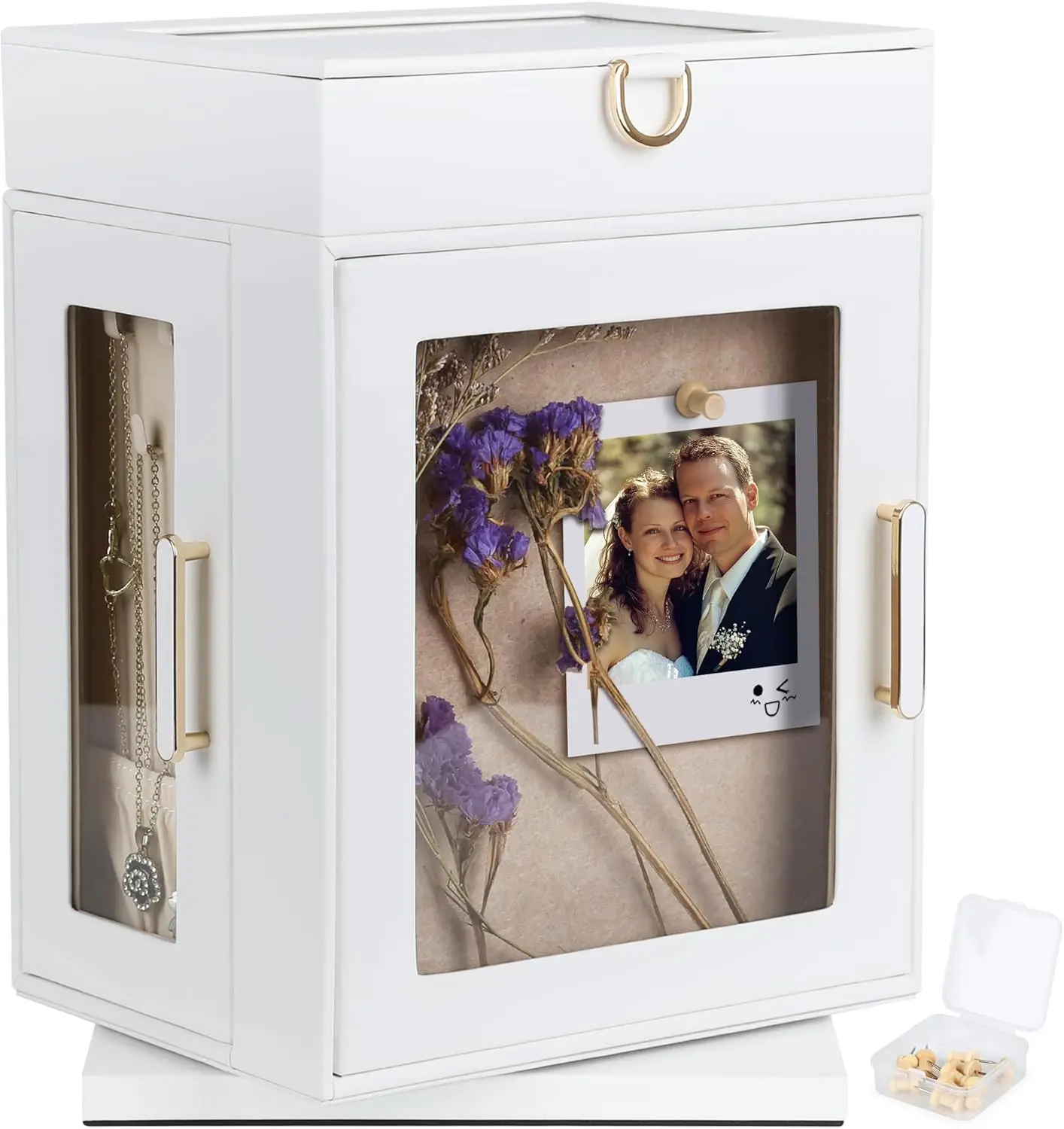 

360° Rotating Jewelry Box - White PU Leather Jewelry Organizer with Shadow Box & Pinboard, Detachable Top Tray, Drawers