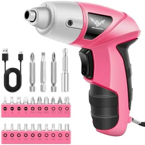 

JENABOM Pink Cordless Screwdriver 3.6V, 24-Piece Bit Set, 3.5Nm Electric Drill with LED Light