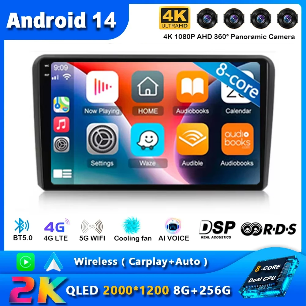 

Android 14 Wireless Auto Carplay Car Radio For Audi A3 8P 2003 - 2013 Navigation GPS Multimedia Player Stereo WiFi+4G BT DVD DSP