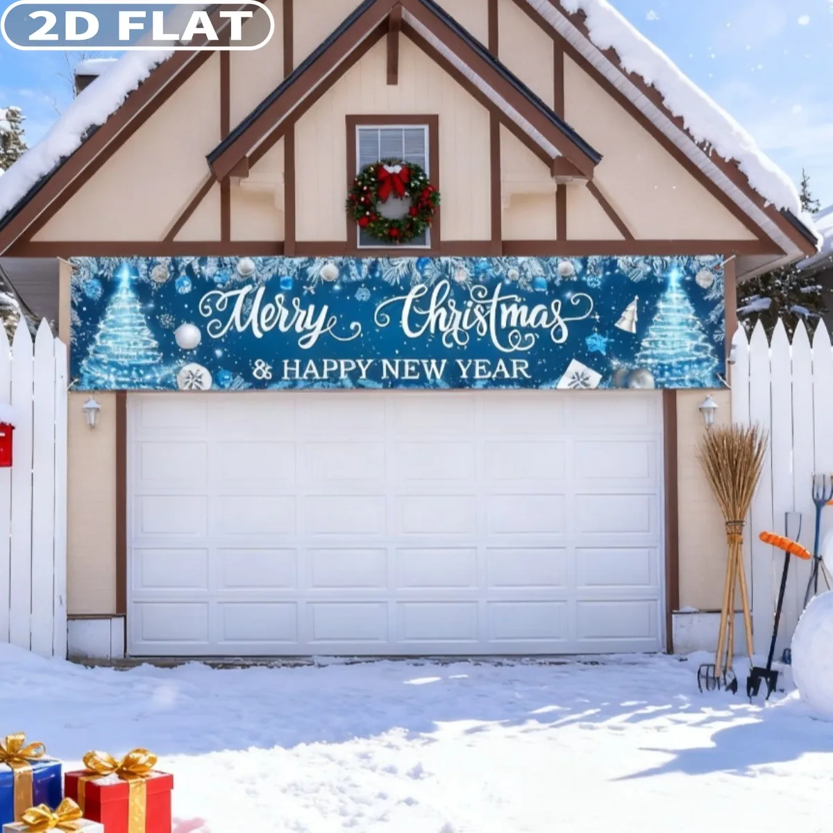 1pc Blue Merry Christmas Party Banner Yard Decor, 2x10 FT Xmas Tree, Large polyester Merry Christmas and Happy New Year Backdrop