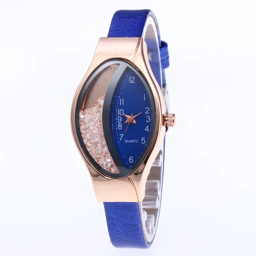 Unique Ladies Quartz Movement Watch Oval Half Moon Dial Half-side Rhinestone Ball Quicksand Design Gift for Woman Leather Strap