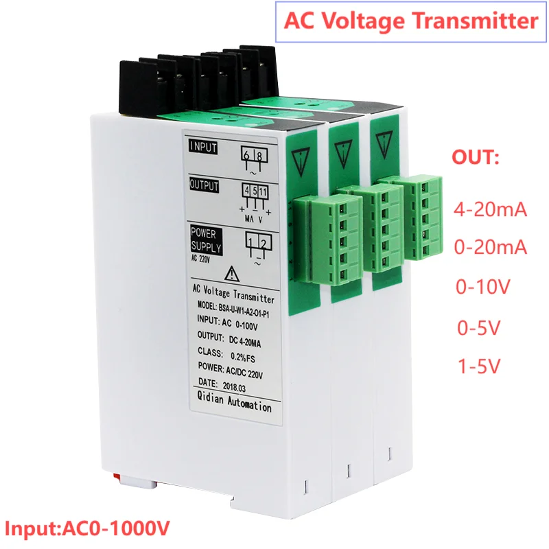 AC Voltage Signal Transmitter Sensor AC0-1000V/500V400V/200V/50V 4-20mA 0-10V 0-5V Output Voltage Transducer Converter DC24V