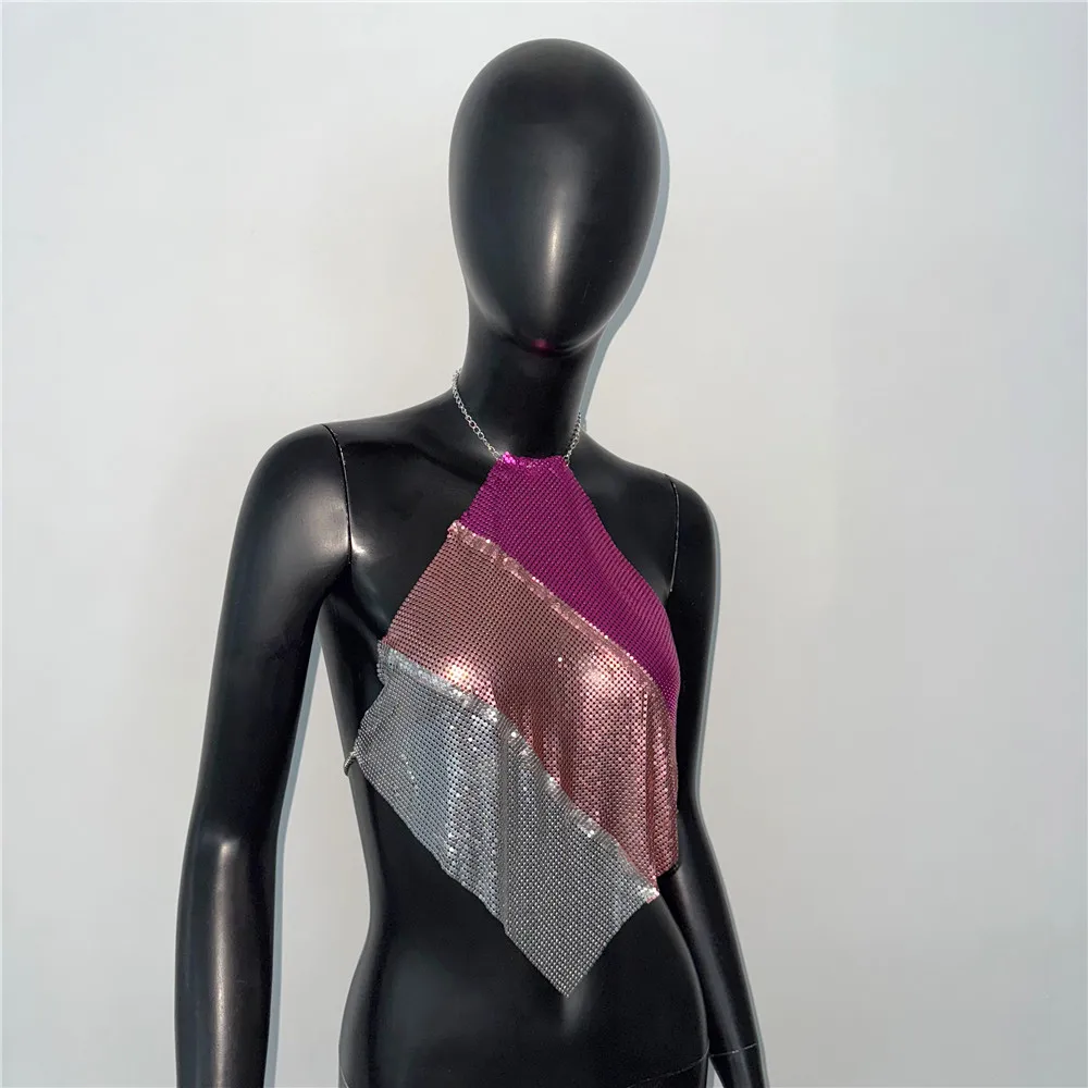 Women Sexy Metal Sequined Tank Camis Summer Backless Glitter Beach Club Show Wear Tank Top Nightclub Party Chain Top