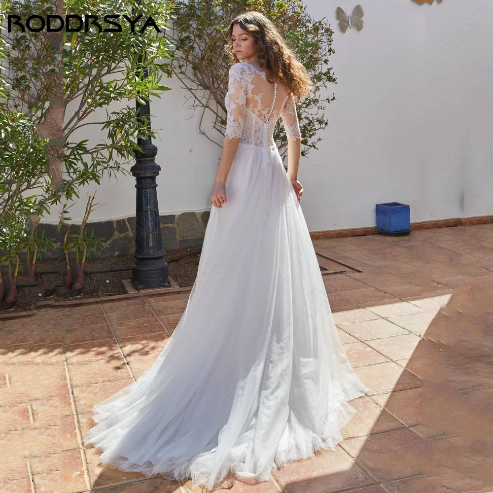 RODRSYA Vestido de Noiva Elegante Para Mulher 3/4 Mangas Ilusão Civil Vestidos De NRODDRSYA Elegante Vestido De Noiva Para A Mulher 3/4 Mangas Ilusão Civil Vestidos De Noiva Lace A Line Tulle Custom Made robe de mariée