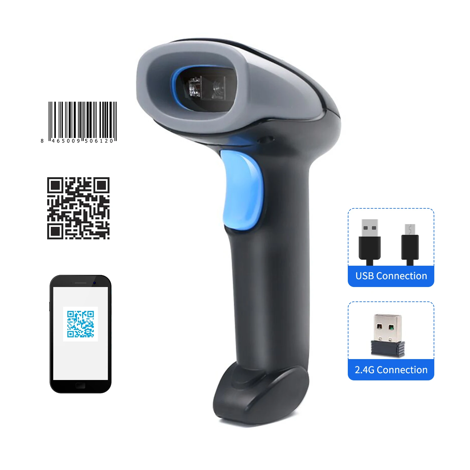 Scanner de código de barras 1D/2D/QR portátil 2.4G sem fio e USB com fio leitor de código de barras compatível com Windows Mac Linux para biblioteca