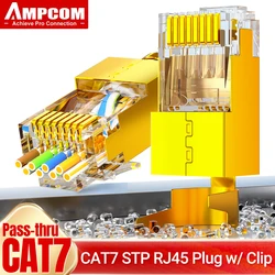 AMPCOM CAT7 Pass Through RJ45 Modular Plug Network Connectors STP 3/50μ Gold-Plated 8P8C Crimp End for Ethernet Cable