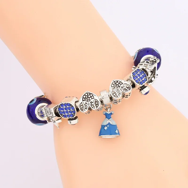 ديزني الأزرق الداكن المينا فستان الأميرة قلادة حبة سوار فضي اللون تاج القلعة القلب ميكي ميني الكرتون سوار هدية